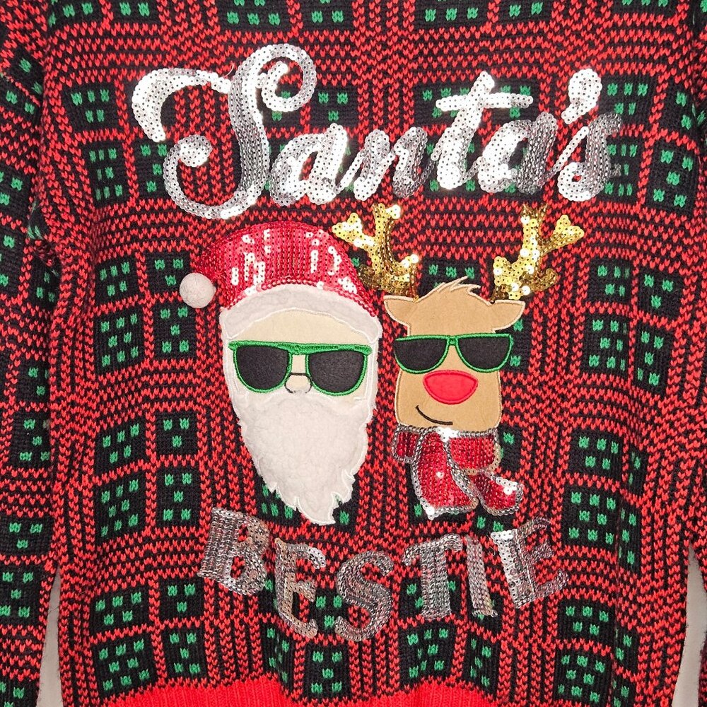 Y2K inspired Santa's besties ugly tight knit Christmas core party plaid sweater - Picture 2 of 7